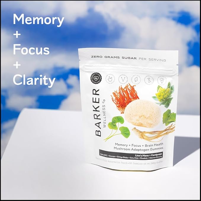 Barker Wellness Mushroom Adaptogen Gummies | Memory, Focus & Brain Health | Lions Mane, Cordyceps, Cognizin | Vegan, Sugar-Free | Passion Fruit Watermelon Flavor | 60 Gummies
