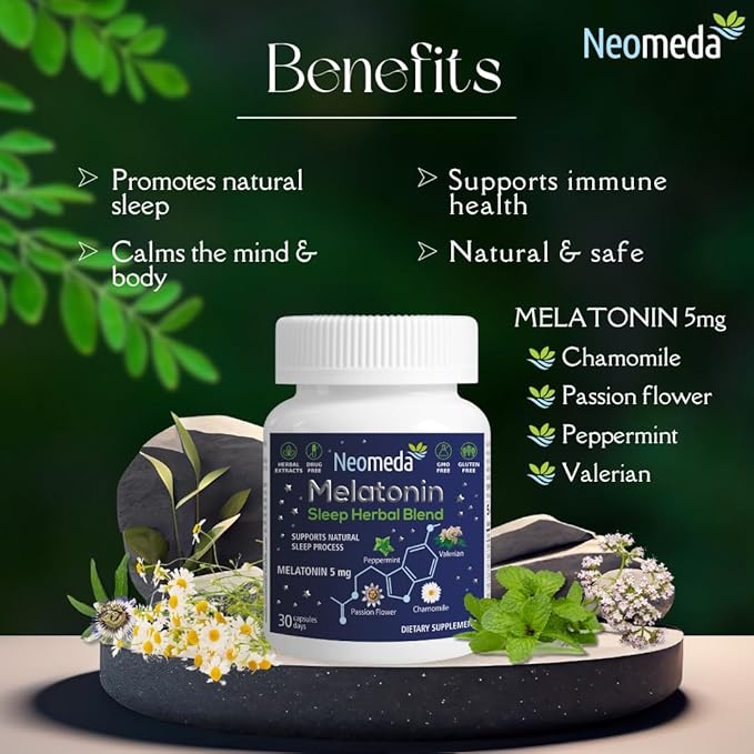 Melatonin Sleep Herbal Blend - Natural Sleep Support for Restful Nights with Melatonin 5mg & Calming Herbs - Drug-Free Dietary Supplement, 30 Capsules, 30-Day Supply