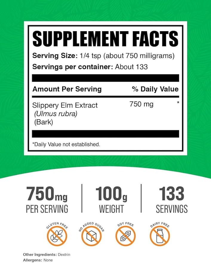 BulkSupplements.com Slippery Elm Bark Extract Powder - Slippery Elm Powder, Sourced from Ulmus Rubra Bark - Gluten Free, 750mg per Serving, 100g (3.5 oz) (Pack of 1)