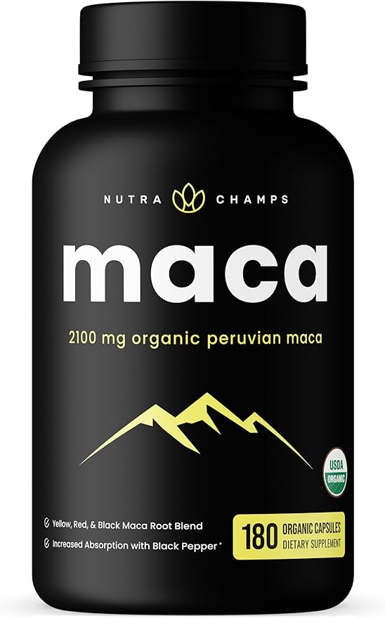 NutraChamps USDA Organic Maca Root Capsules for Women & Men, 2100mg, 180 Capsules, Black, Red & Yellow Peruvian Gelatinized, Highest Potency Maca Root Powder Supplement