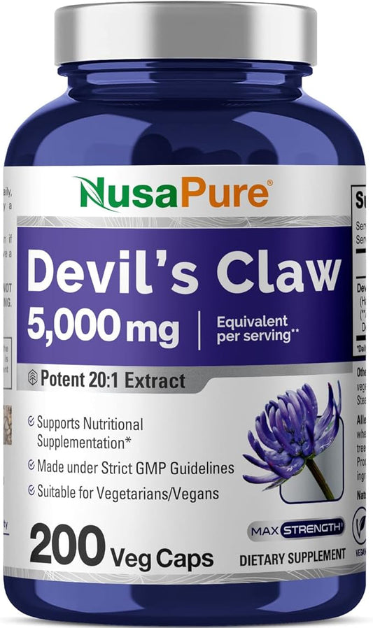 NusaPure Devil's Claw 20:1 Extract, 250 mg Equivalent to 5000mg, 200 Veggie Capsules, Concentrated Root Extract, Devils Claw Herbal Supplement, Non-GMO, Vegan Supplement
