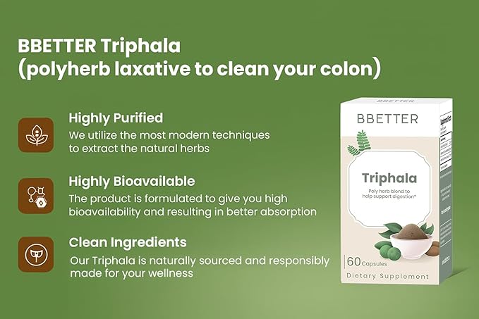BBETTER Triphala – Ayurvedic Herbal Supplement with Amla, Haritaki & Bibhitaki for Occasional Constipation & Bloating – Supports Digestion, Healthy Bowel Function, Colon Cleanse & Detox - 60 Capsules