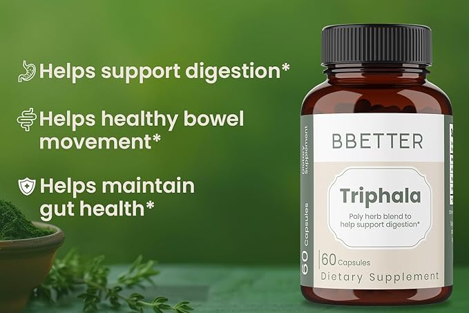 BBETTER Triphala – Ayurvedic Herbal Supplement with Amla, Haritaki & Bibhitaki for Occasional Constipation & Bloating – Supports Digestion, Healthy Bowel Function, Colon Cleanse & Detox - 60 Capsules