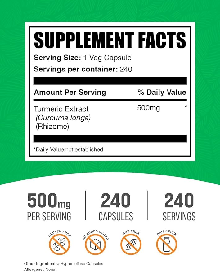 BulkSupplements.com Turmeric 500mg Extract Capsules - Curcumin Supplements, Turmeric Curcumin - Gluten Free, 240 Veg Capsules (Pack of 1)