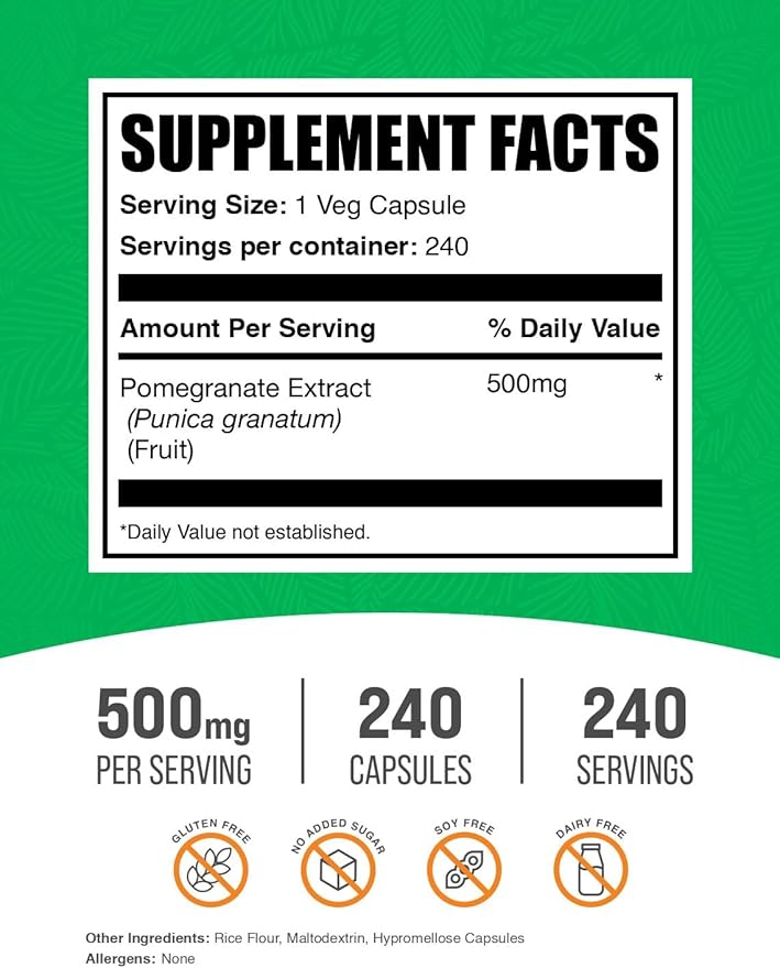 BulkSupplements.com Pomegranate Extract Capsules - Pomegranate Supplement, Antioxidant Supplement - Vegan & Gluten Free, 1 Capsule per Serving, 240 Veg Capsules (Pack of 1)