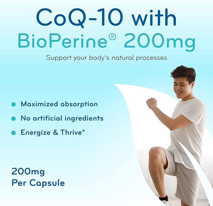 CoQ10 200mg with BioPerine - Enhanced Absorption Coenzyme Q10 200mg Potent Antioxidant for Heart Energy and Aging Support - High Stability CoQ10 Ubiquinone Caps - Made in a cGMP US Lab (200 Servings)