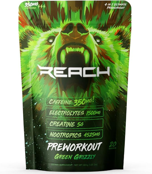 Pre Workout Supplement - Fitness Supplements, Workout Supplements - Energy Supplement for Men and Women - 350 mg Caffeine - Green Grizzly