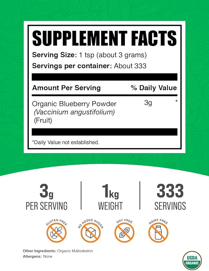 BulkSupplements.com Organic Blueberry Powder - Antioxidant Support, Bluberry Supplement - Vegan & Gluten Free, 3g per Serving, 1kg (2.2 lbs) (Pack of 1)