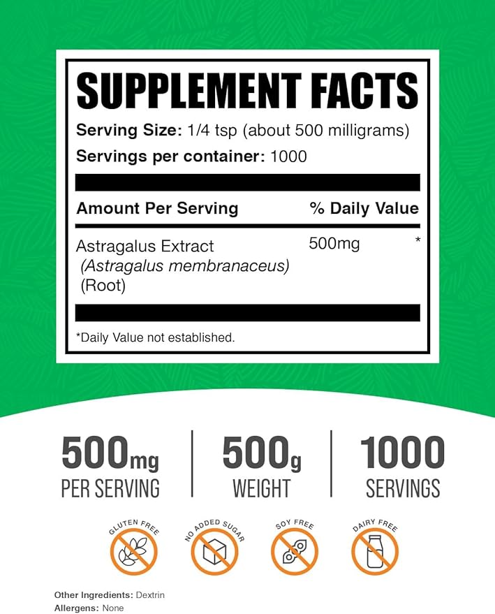 BulkSupplements.com Astragalus Extract Powder - Astragalus Root Powder, Herbal Supplement - Vegan & Gluten Free, 500mg per Serving, 500g (1.1 lbs) (Pack of 1)