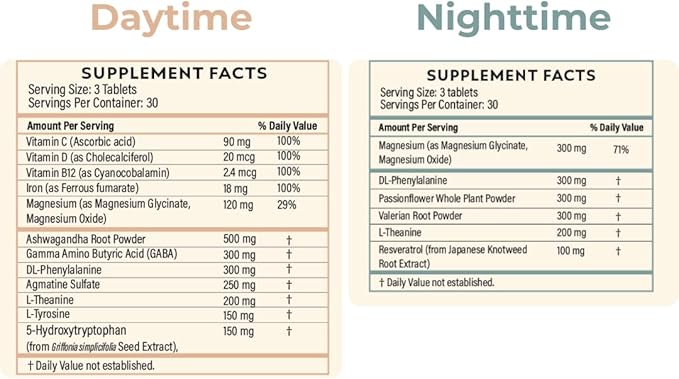Recovery Complex – Day & Night Formula with 500 mg Ashwagandha, 90 mg Vitamin C, 120 mg Magnesium & Herbal Blend – Sleep, Energy, Stress & Mood Support – 30-Day Supply (180 Tablets)