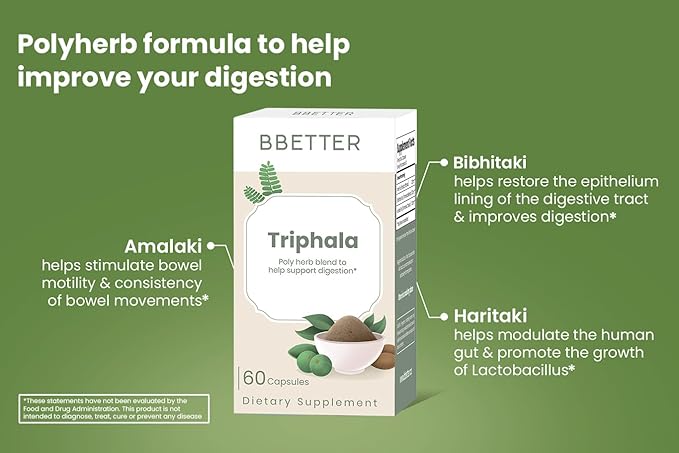 BBETTER Triphala – Ayurvedic Herbal Supplement with Amla, Haritaki & Bibhitaki for Occasional Constipation & Bloating – Supports Digestion, Healthy Bowel Function, Colon Cleanse & Detox - 60 Capsules