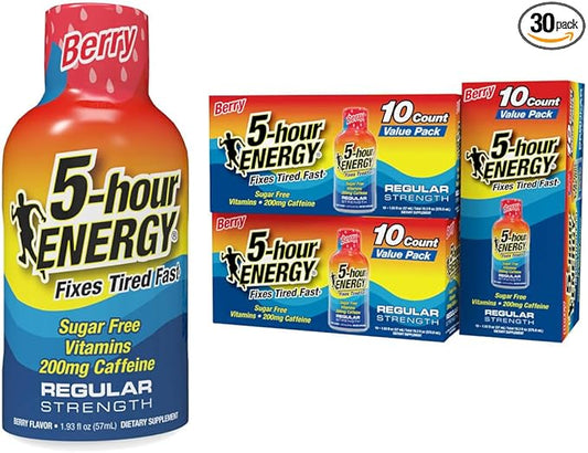 5-hour ENERGY Shots Regular Strength, Berry Flavor, 30 Count, 1.93 Fl Oz, Sugar Free, Zero Calories, Amino Acids and Essential B Vitamins, Dietary Supplement, Feel Alert and Energized, 200 mg Caffeine