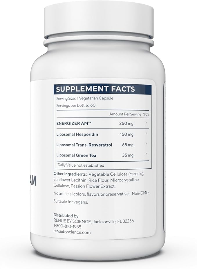 Energizer AM | Liposomal Resveratrol Hesperidin & Green Tea Supplement | 60 Capsules with Trans Resveratrol (65mg) Hesperidin (150mg) Green Tea Extract (35mg) - Non-GMO | Made in USA