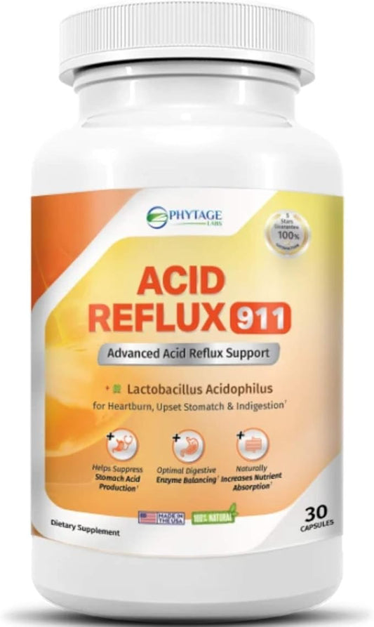 Natural Acid Reflux 911 Supplement Helps Relief Upset Stomach, Heartburn and Acid Indigestion - 100% Natural Powerful Acid Reducer For Fast Natural GERD And Heartburn Relief - 30 Capsules