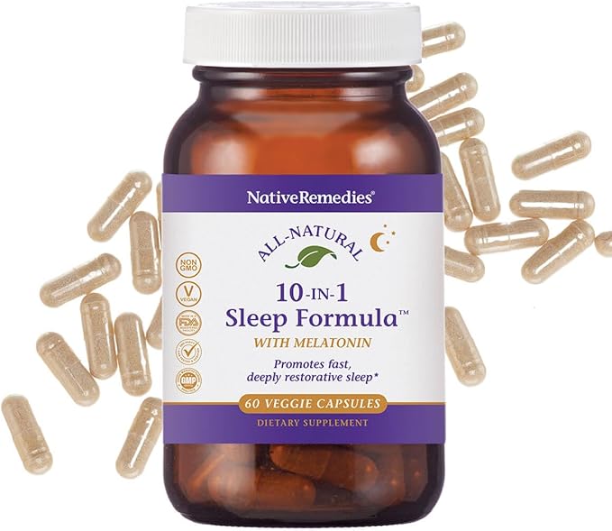 Native Remedies 10-in-1 Natural Sleep Aid for Adults & Kids 4+ – Herbal Sleep Supplement with Melatonin 5mg, Magnesium, Valerian Root, Chamomile & L-Tryptophan – Non-Habit Forming, Vegan, 60 Capsules