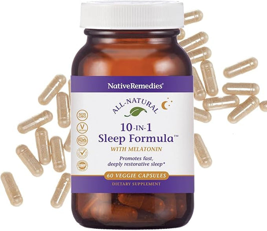 Native Remedies 10-in-1 Natural Sleep Aid for Adults & Kids 4+ – Herbal Sleep Supplement with Melatonin 5mg, Magnesium, Valerian Root, Chamomile & L-Tryptophan – Non-Habit Forming, Vegan, 60 Capsules
