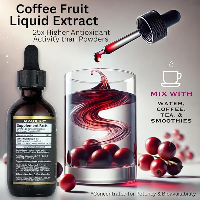 Javaberry Coffee Fruit Extract – Brain Supplement for Focus, Memory & Clarity – Supports BDNF & Mental Energy – Natural Antioxidant Nootropic Liquid with Polyphenols – 60ml (30 Servings)