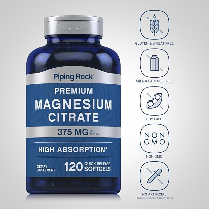 Piping Rock Magnesium Citrate | 375 mg | 120 Softgels | High Absorption | Non-GMO, Gluten Free Supplement