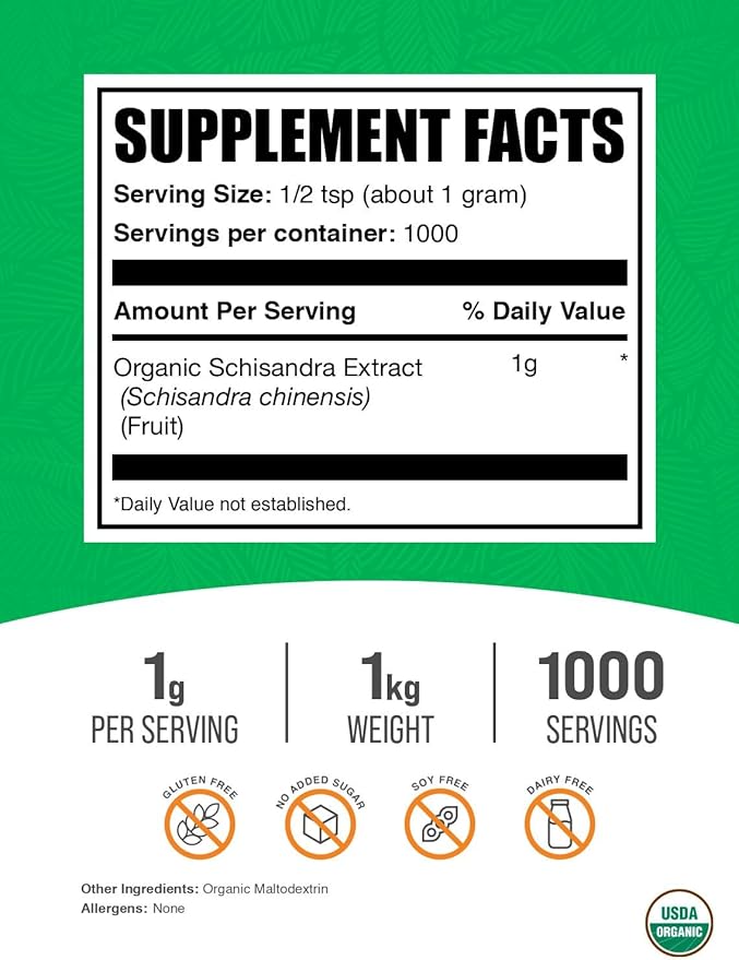 BulkSupplements.com Organic Schisandra Extract Powder - Schisandra Supplement, from Schisandra Berries, Herbal Supplement - Gluten Free - 1g per Serving, 1kg (2.2 lbs) (Pack of 1)