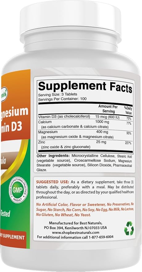 Best Naturals Calcium Magnesium Zinc with Vitamin D3, 300 Tablets - Calcium 1000 mg, Magnesium 400 mg, Zinc 25 mg & D3 600 IU per Serving (3 Tablets)