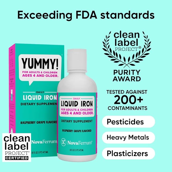 NovaFerrum Yummy 16 Fl Oz | Liquid Iron Supplement for Ages 4 & Up | 18mg of Iron/Tbsp | Gluten Free | Sugar-Free | Raspberry Grape