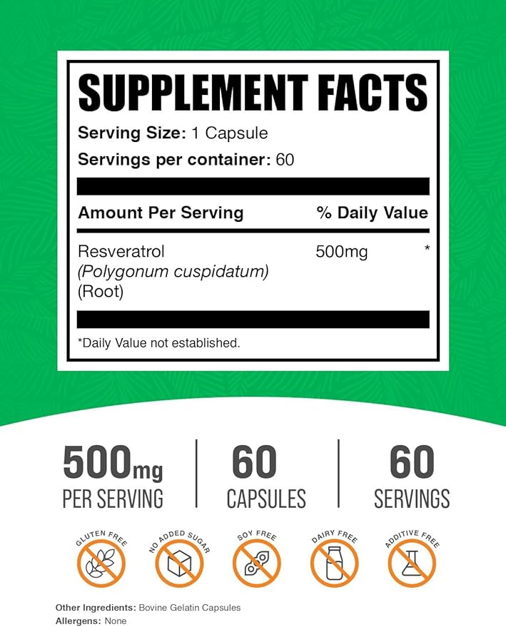 BulkSupplements.com Resveratrol Capsules - Resveratrol Supplement, Polygonum Cuspidatum, Resveratrol 500mg - Antioxidants Supplement, Resveratrol Pills - 1 Capsule per Serving, 60 Capsules