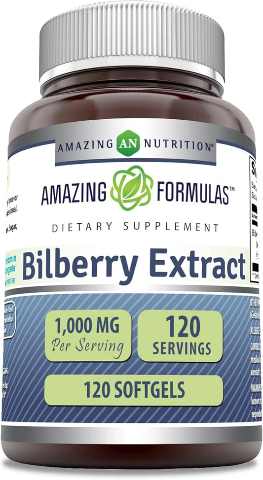 Amazing Formulas Bilberry Extract Supplement 1000 Mg 120 Softgels | Rich in Vitamins | Pure Extract of Bilberries