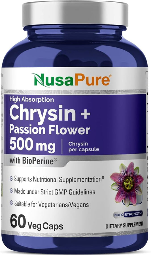 NusaPure Chrysin 500mg, 60 Veggie Capsules | Passion Flower Complex 500mg Supplement | 5, 7-Dihydroxyflavone | Concentrated Extract | Non-GMO, BioPerine