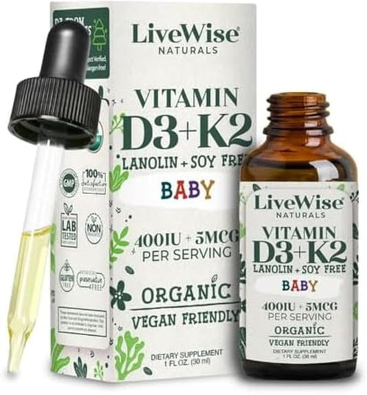Baby Vitamin D3-K2 Liquid Supplement, Vitamin Drops for Infants and Toddlers, for Healthy Growth, Development and Daily Wellness, Easy-to-Use Dropper in Glass Bottle, 1 Fl Oz