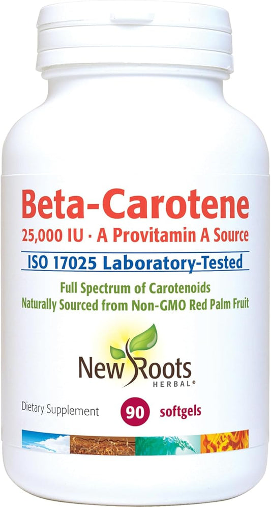 NEW ROOTS HERBAL Beta-Carotene 25,000 IU Supplements | Vitamin A (90 Softgels) | Full Spectrum of Carotenoids | Naturally Sourced from Non-GMO Red Palm Fruit + Organic Flax Seed Oil