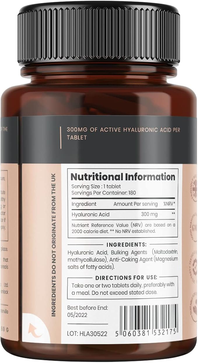 pureclinica Hyaluronic Acid 300mg x 1080 Tablets (6 Bottles of 180 Tablets - 3 Years Supply). Triple Strength Hyaluronic Acid. 300% Stronger Than Any Other HLA Tablet