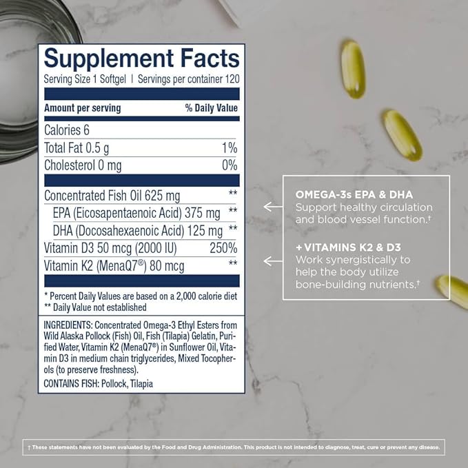 Wiley's Finest Wild Alaskan Fish Oil Vitamin K2 & D3 Softgels - 500mg of EPA and DHA Omega-3s for Bone and Heart Health Support - 120 Softgels (120 Servings)