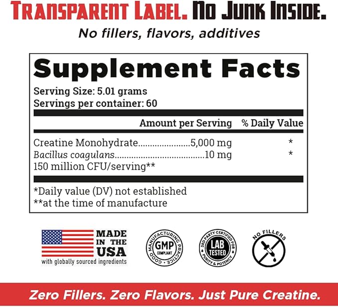 Old School Labs 5000mg Creatine Monohydrate Micronized Powder with BioFit™ (Max Absorption), Performance & Recovery, Strength, Endurance, Focus - Made in USA - Men & Women - 60 Servings