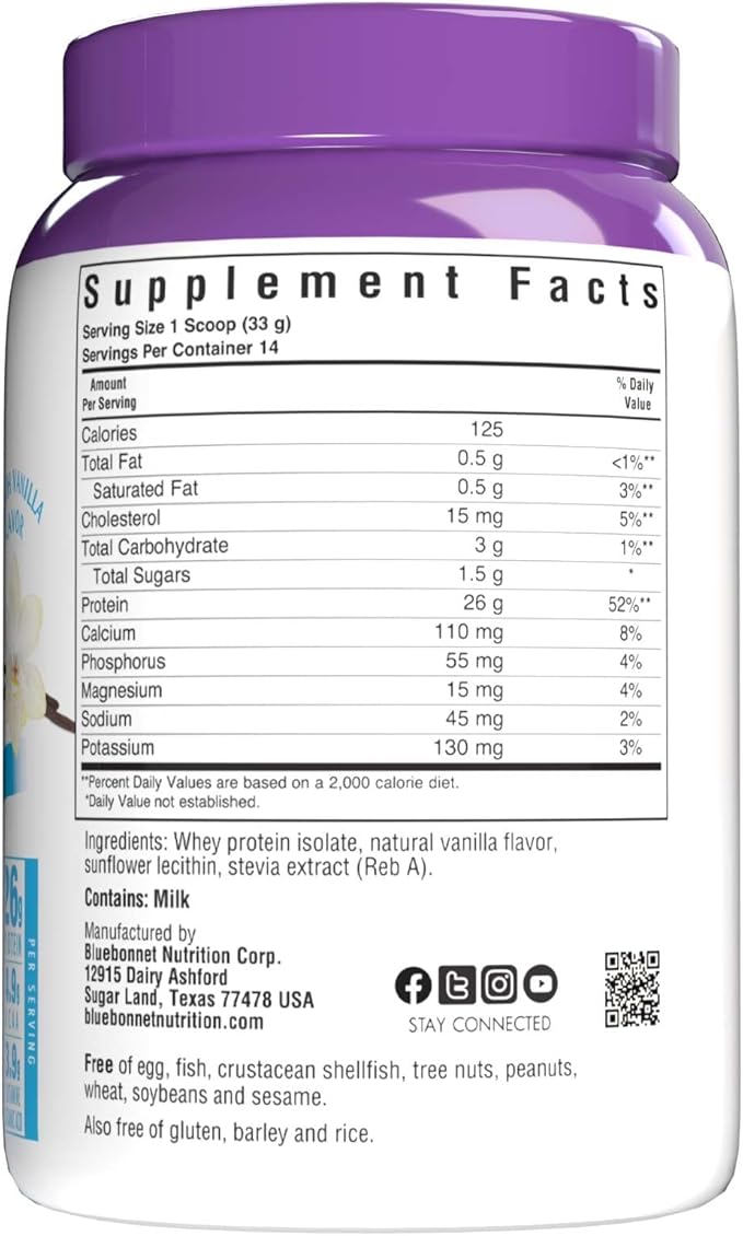 Bluebonnet Grass Fed Whey Protein Isolate 26 g Energy & Workout Recovery BCAA Amino Acids - Gluten-Free, Non-GMO, Soy-Free Vanilla Protein Powder for Women & Men - 14 Servings