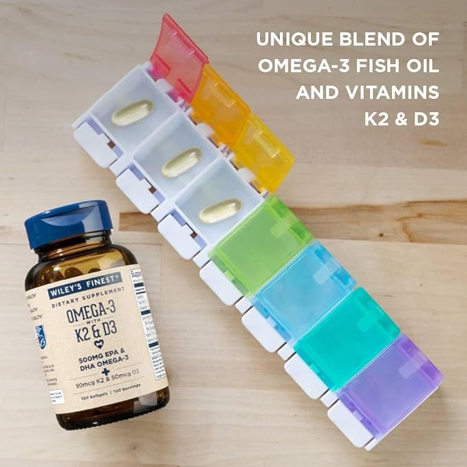 Wiley's Finest Wild Alaskan Fish Oil Vitamin K2 & D3 Softgels - 500mg of EPA and DHA Omega-3s for Bone and Heart Health Support - 120 Softgels (120 Servings)