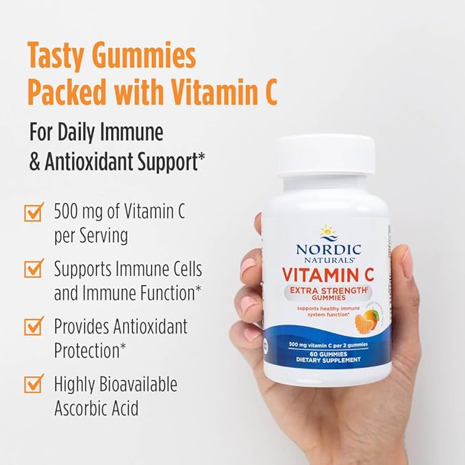 Nordic Naturals Vitamin C Extra Strength Gummies - Tangerine Flavor - 60 Gummies - 500 mg Vegan Vitamin C Supplement - Low-Sugar Immune - Support - 30 Servings
