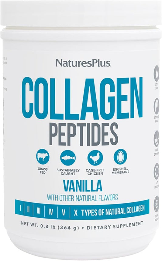 Natures Plus Collagen Peptides, Vanilla - 0.8 lb Powder - Hair, Skin, Nail & Joint Health, Immune System Support - Non-GMO, Gluten Free - 14 Servings