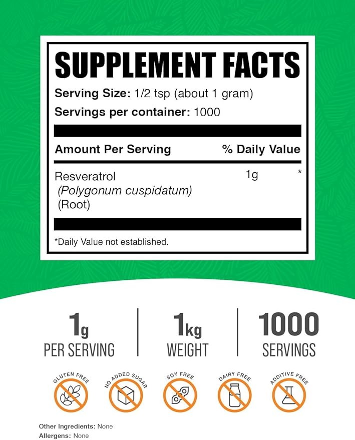 BulkSupplements.com Resveratrol Powder - Resveratrol Supplement, from Polygonum Cuspidatum - Antioxidant, Gluten Free, 1g per Serving, 1kg (2.2 lbs) (Pack of 1)