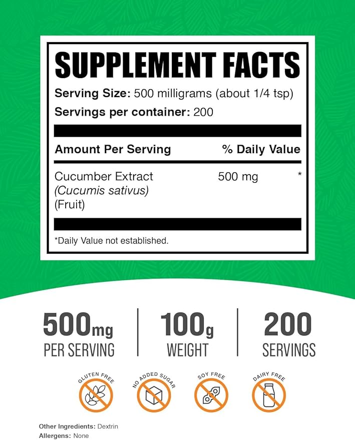 BulkSupplements.com Cucumber Extract Powder - Cucumber Supplement, for Hydration - Vegan & Gluten Free, 500mg per Serving, 100g (3.5 oz) (Pack of 1)