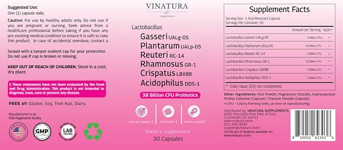 Lactobacillus Rhamnosus, Reuteri, Gasseri, Plantarum, Crispatus, Acidophilus Probiotics - Probiotics for Women *USA Made & Tested* Women Vaginal Health, Gut and Digestive Health - 30 Capsules