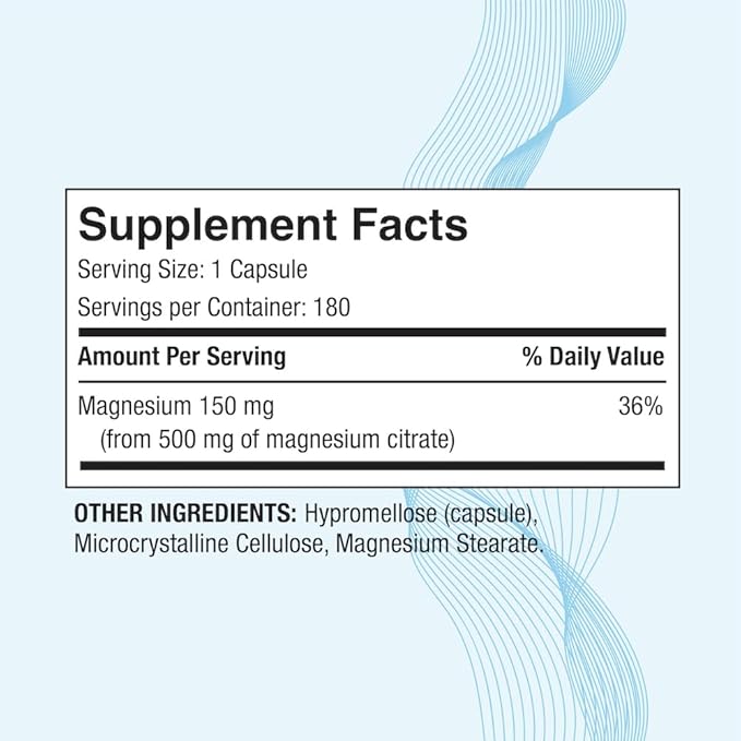 Magnesium Citrate 500 mg | High Potency Elemental Magnesium | Total 180 Veggie Caps, Superior Absorption, Non-GMO, NO Gluten and Dairy, Supports Muscle, Joint, and Heart Health