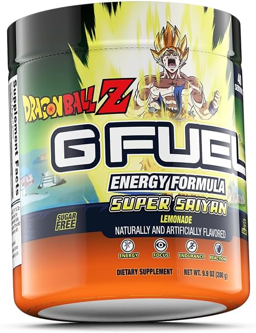 G Fuel Dragon Ball Z Energy Drink Powder, Pre Workout Caffeine Mix for Gaming, Sugar Free Focus Amino, Vitamin + Antioxidants, 9.9oz (Lemonade, 40 Servings)