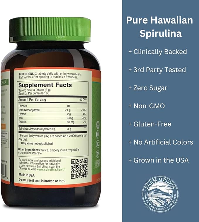 Nutrex Hawaii, Pure Hawaiian Spirulina - 1000 mg Tablets - Hawaiian Grown Natural, Nutrient Rich Superfood - Immune Support, Detox & Energy – Vegan Complete Protein, Non-GMO, Original, 180 Count