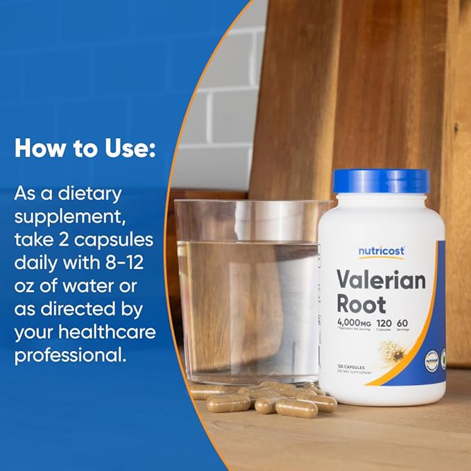 Nutricost Valerian Root Capsules (1000mg Per Serving) 120 Capsules - 4,000mg Equivalent Per Serving (4:1 Extract), Vegetarian Caps, Gluten Free, Non-GMO