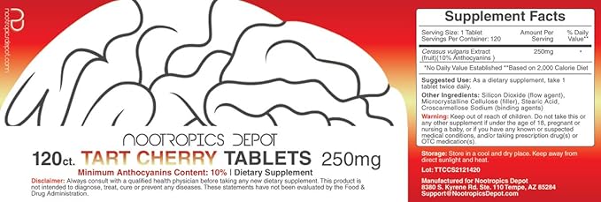 Nootropics Depot Tart Cherry Extract Tablets | 250mg | 120 Count | 10% Anthocyanins | Supports Balanced Oxidation & Inflammation Levels | Promotes Physical Strength & Energy