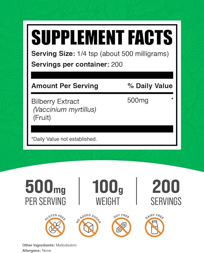 BulkSupplements.com Bilberry Extract Powder - Bilberry Extract Supplement, Herbal Supplement - Vegan & Glulten Free, 500mg per Serving, 100g (3.5 oz) (Pack of 1)