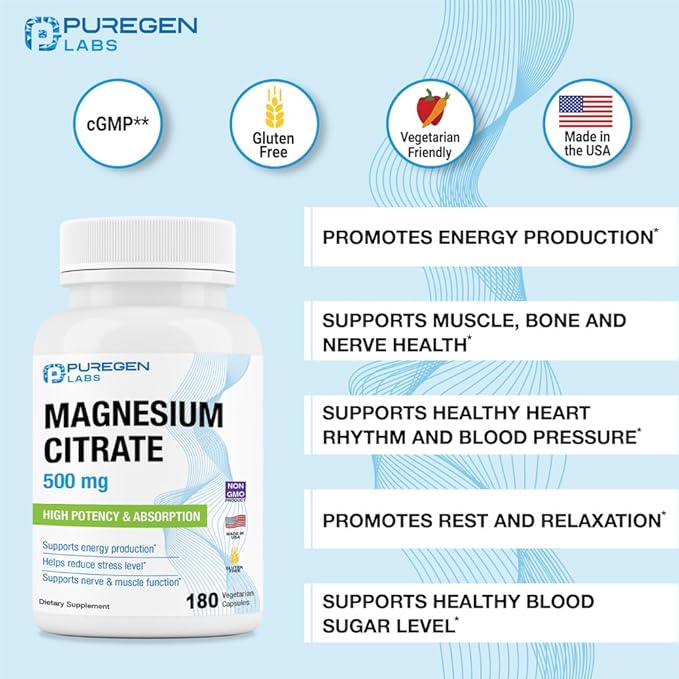 Magnesium Citrate 500 mg | High Potency Elemental Magnesium | Total 180 Veggie Caps, Superior Absorption, Non-GMO, NO Gluten and Dairy, Supports Muscle, Joint, and Heart Health