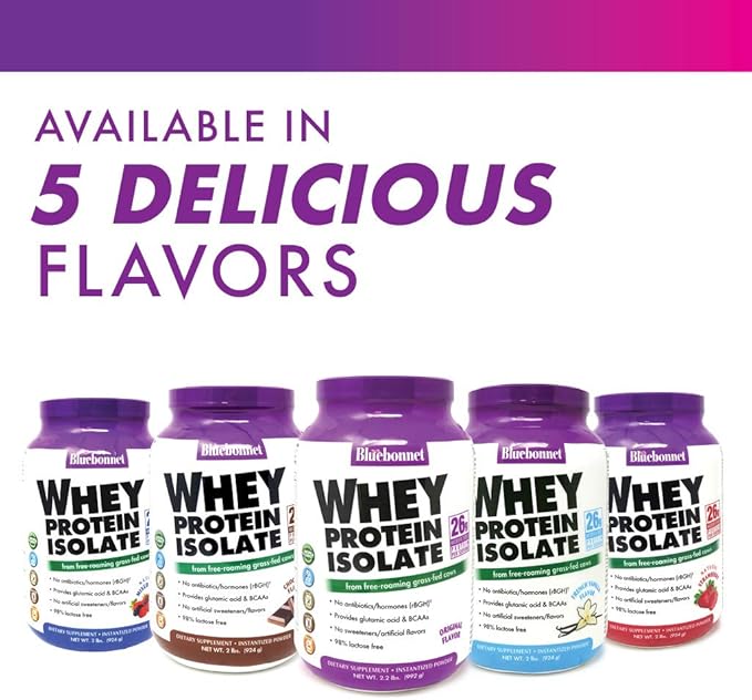 BlueBonnet Nutrition Whey Protein Isolate Powder From Grass Fed Cows, 26g of Protein, No Sugar Added, Gluten & Soy free, kosher Dairy, 2 Lbs, 28 Servings, French Vanilla Flavor