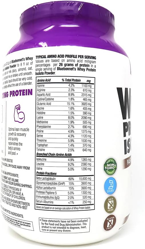 Bluebonnet Grass Fed Whey Protein Isolate 26 g Energy & Workout Recovery BCAA Amino Acids - Gluten-Free, Non-GMO, Soy-Free Chocolate Protein Powder for Women & Men - 28 Servings