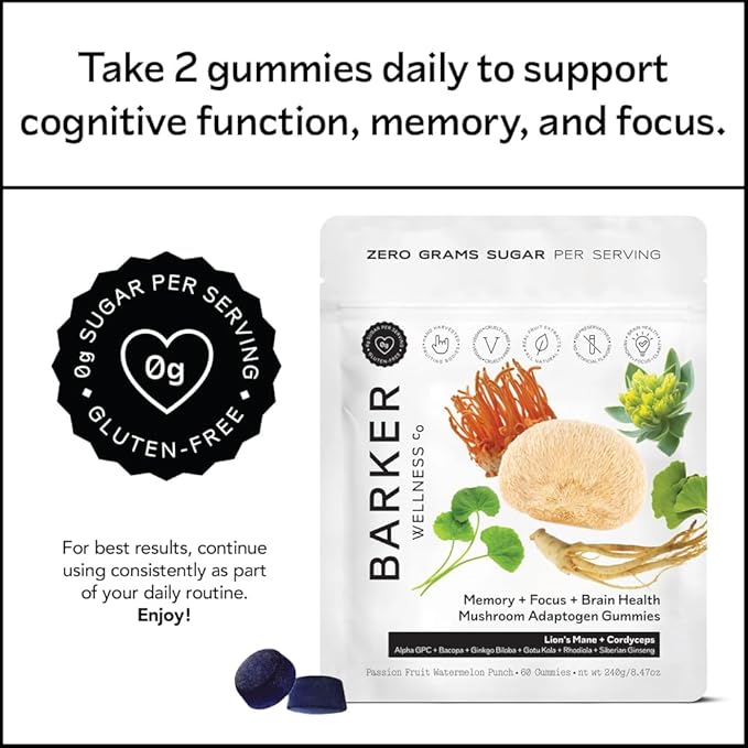Barker Wellness Mushroom Adaptogen Gummies | Memory, Focus & Brain Health | Lions Mane, Cordyceps, Cognizin | Vegan, Sugar-Free | Passion Fruit Watermelon Flavor | 60 Gummies